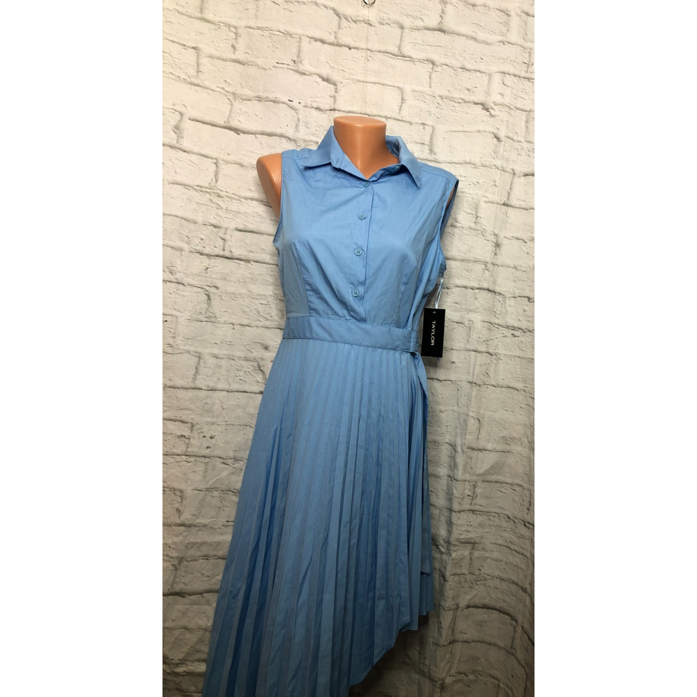 Taylor Shirt Dress Womens 10 Powder Blue Belted Sunburst Pleat Asymmetric Modern